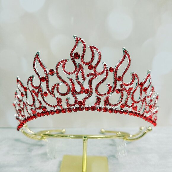 Flame of Fire Crown, Holy Fire Tiara, Red Crystal Crown, Silver Crown Tiara main image 5
